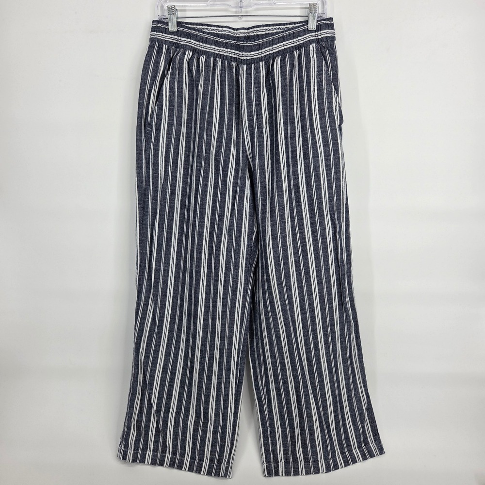 Old Navy Wide Leg Pants M Blue White Stripe Coastal Boho Linen Blend High Rise